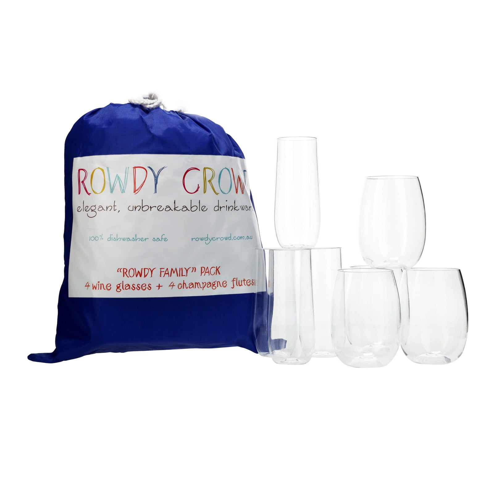 Set of clear unbreakable glasses with a blue Rowdy Crowd bag on a white background. unbreakable reusable elegant wine champagne flutes cups - lowball highball drinkware for gifts outdoors beach pools picnics camping patios tailgating travel RV life
