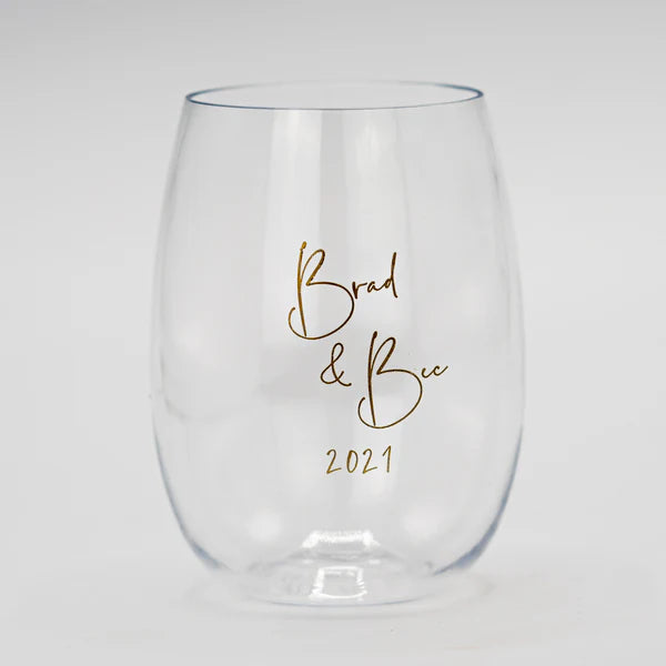Branded wine cup for wedding. Unbreakable, reusable and elegant. Flutes, tumblers - beer cups - lowball highball drinkware for wine gin shots spirits champagne juice cocktails beer soda, perfect for gifts outdoors beach pools parties weddings functions picnics camping patios tailgating travel RV life