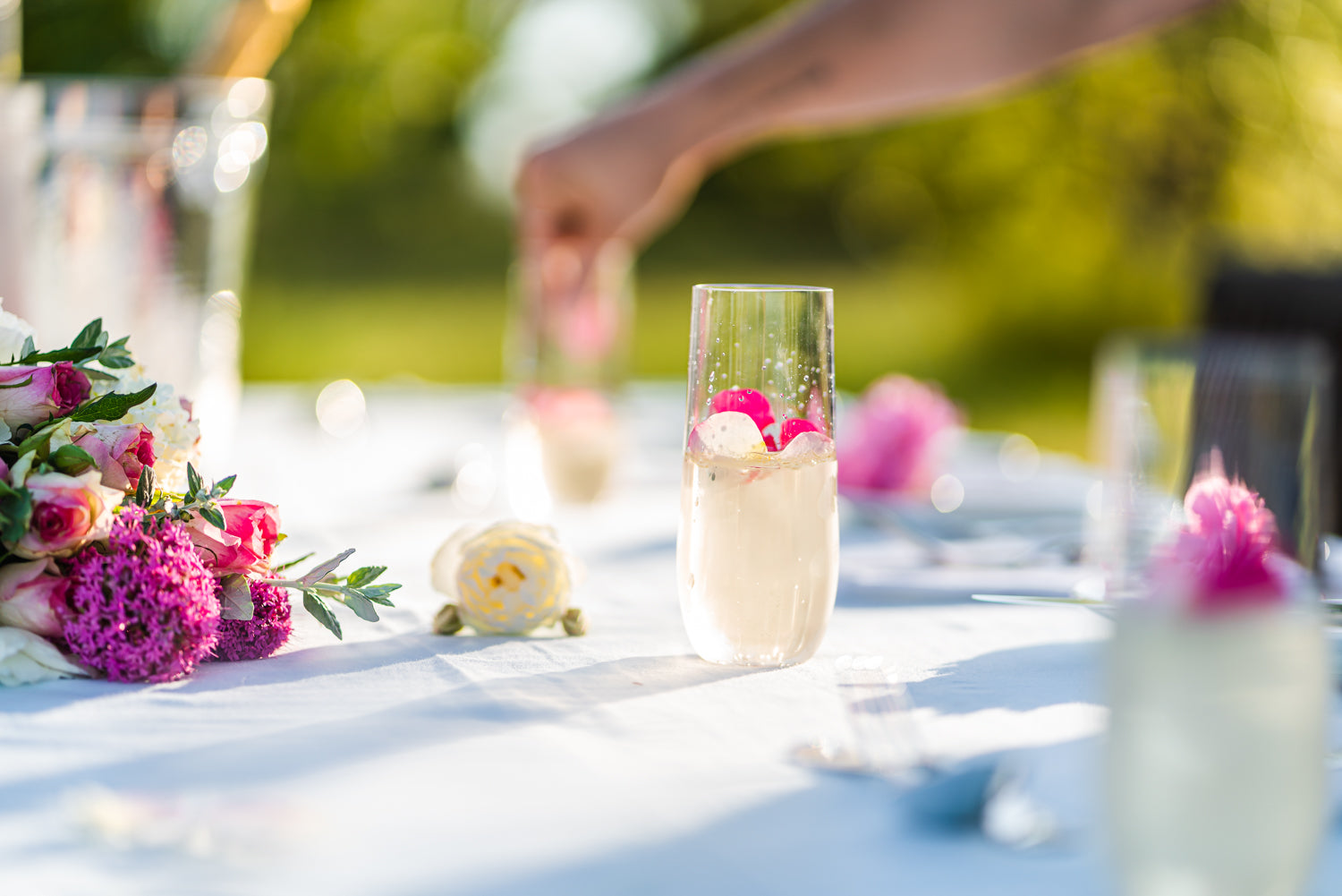 champagne flute on bridal table. Unbreakable, reusable and elegant. Flutes, tumblers - beer cups - lowball highball drinkware for wine gin shots spirits champagne juice cocktails beer soda, perfect for gifts outdoors beach pools weddings picnics camping patios tailgating travel RV life