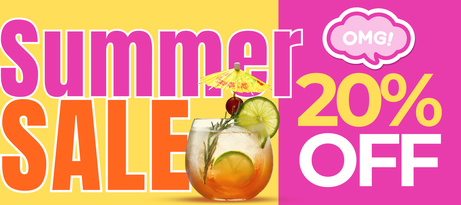Summer sale banner with cocktail graphic and 'OMG! 20% OFF' text on a pink and yellow background.