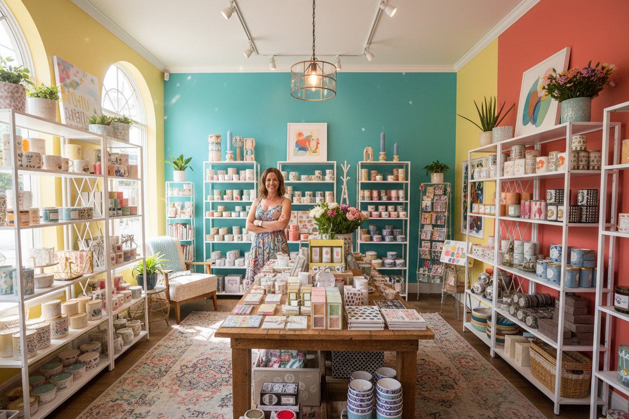 colourful fun retail store with lady owner gifts candles homewares