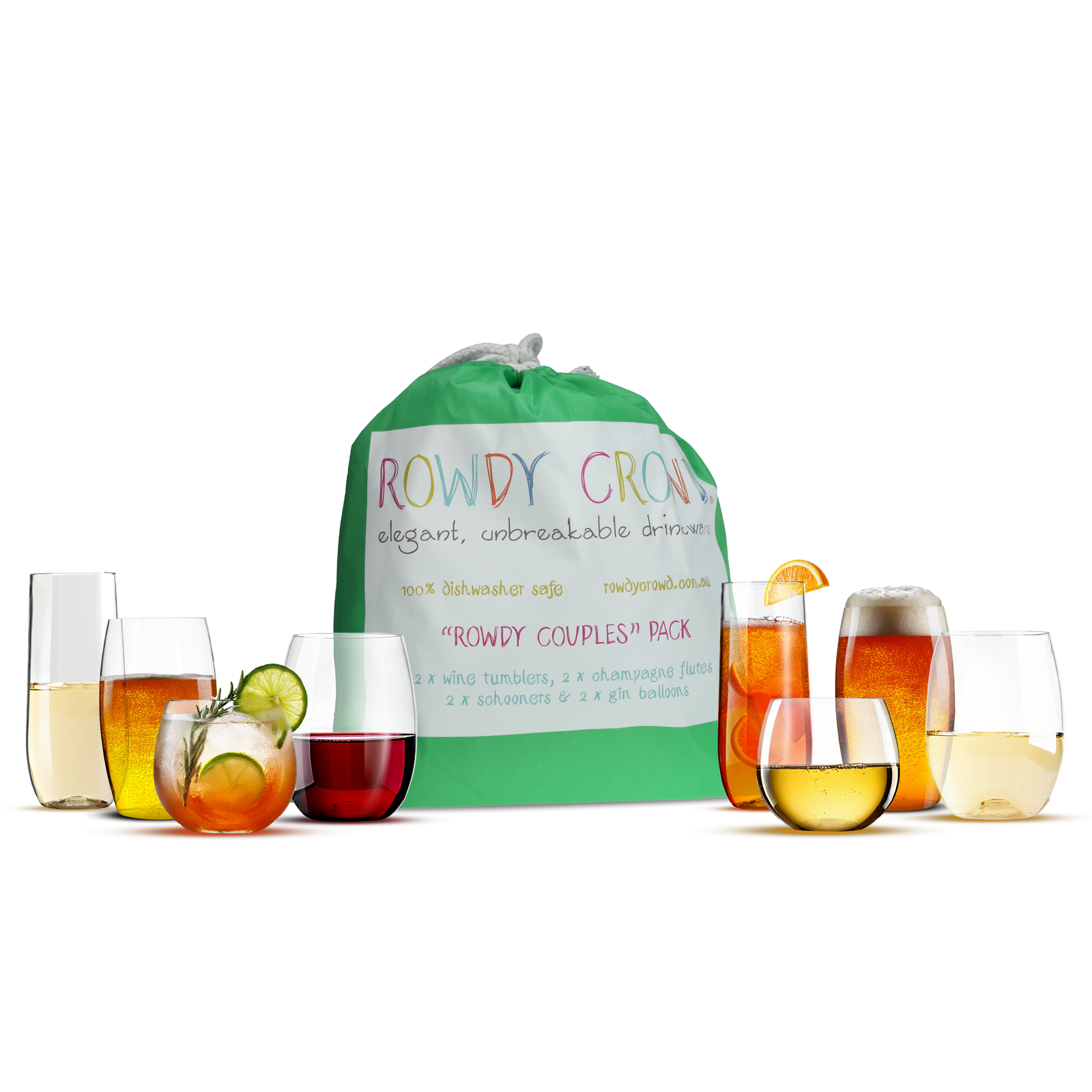 Green bag labeled 'Rowdy Crowd' with stemless wine unbreakable glasses containing different drinks on a white background. unbreakable reusable elegant wine tumblers champagne flutes beer cups - lowball highball drinkware for gifts outdoors beach pools picnics camping patios tailgating travel RV life
